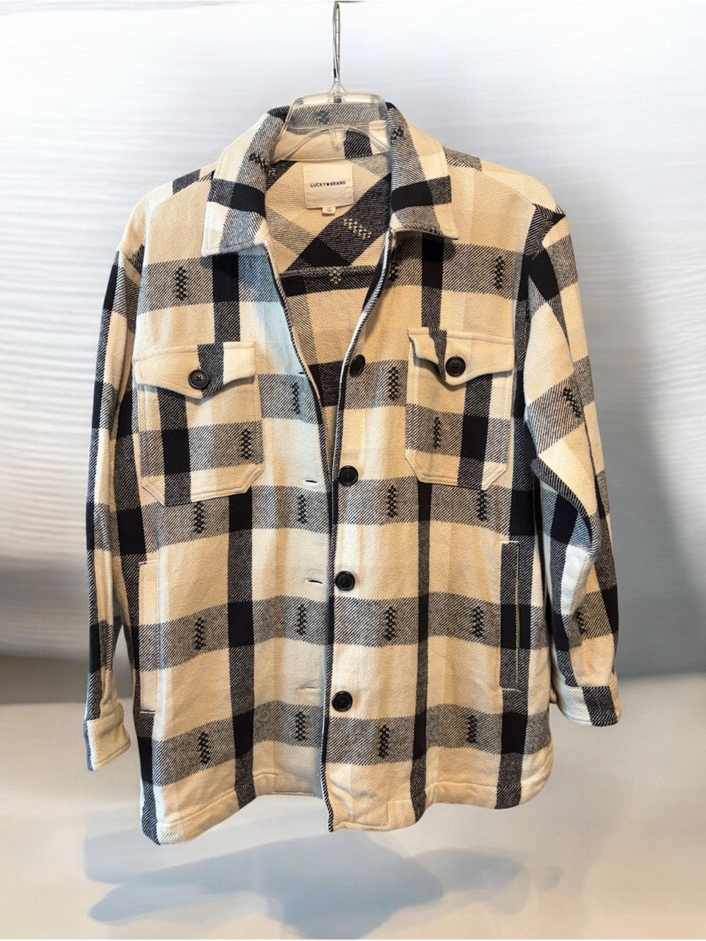 Lucky Brand Cream and Black Plaid Shirt Jacket